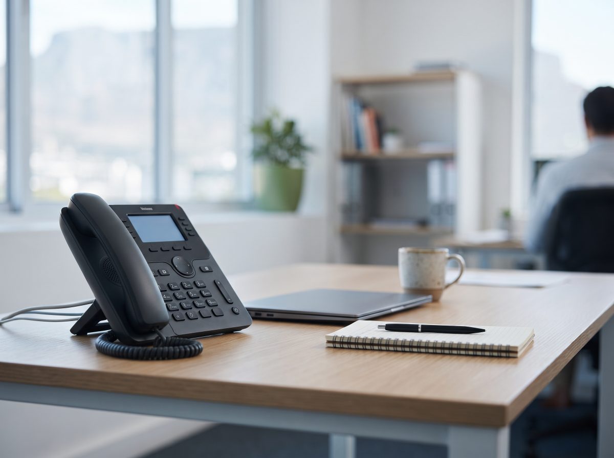 IP desk phone on an office desk in Cape Town, with Table Mountain through the window